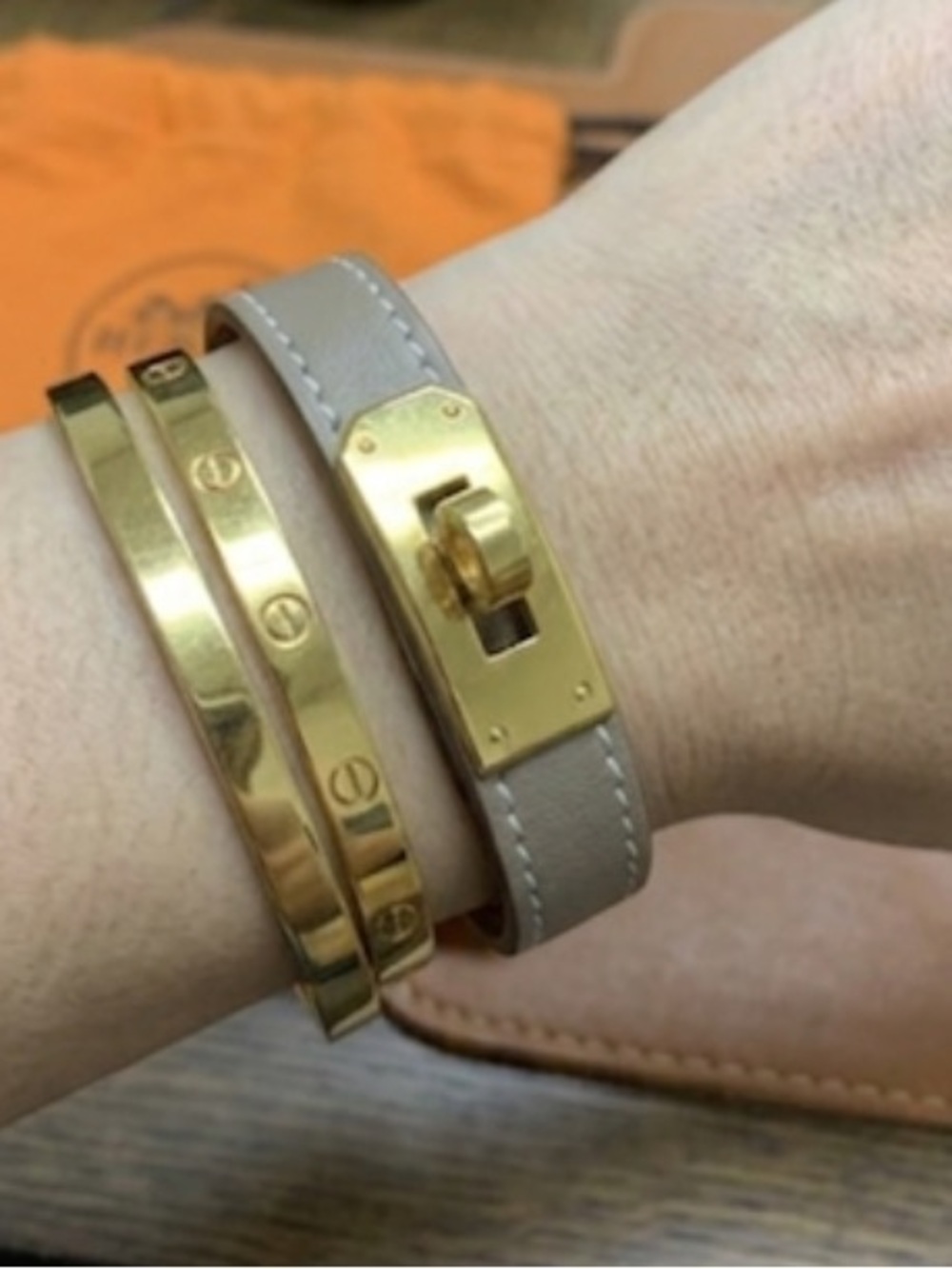 Taupe Double Tour Bracelet with Gold Hardware Hermes Kelly Étoupe